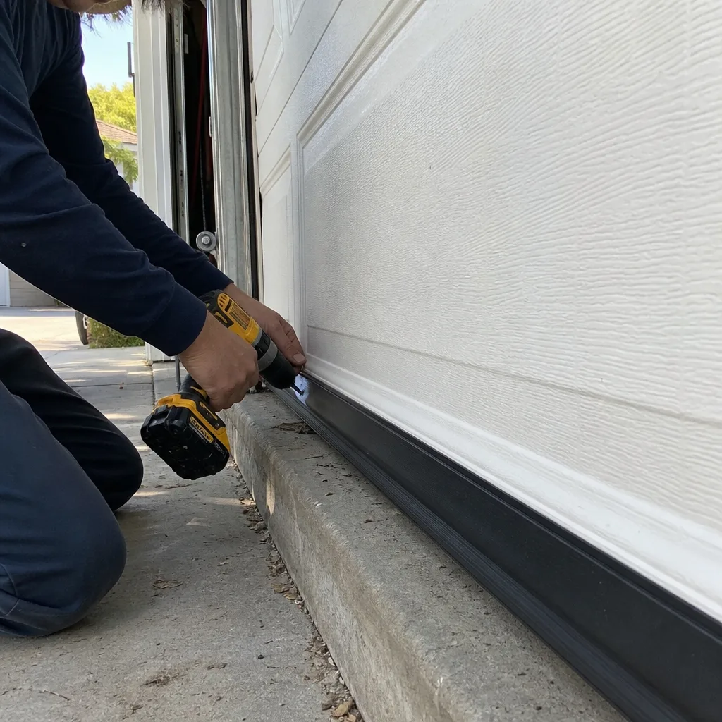 Technician installing a bottom rubber seal on a garage door