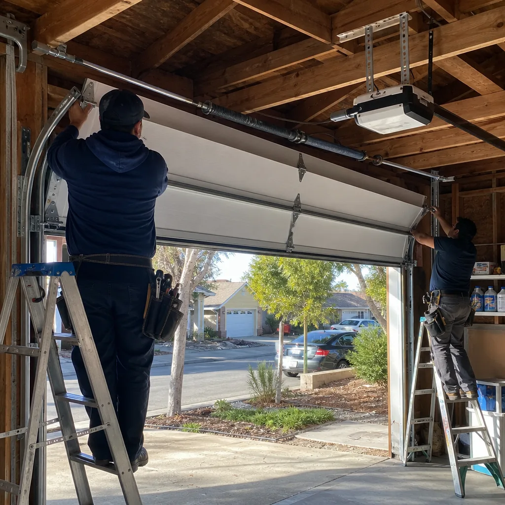 Two professional technicians performing a residential garage door installation