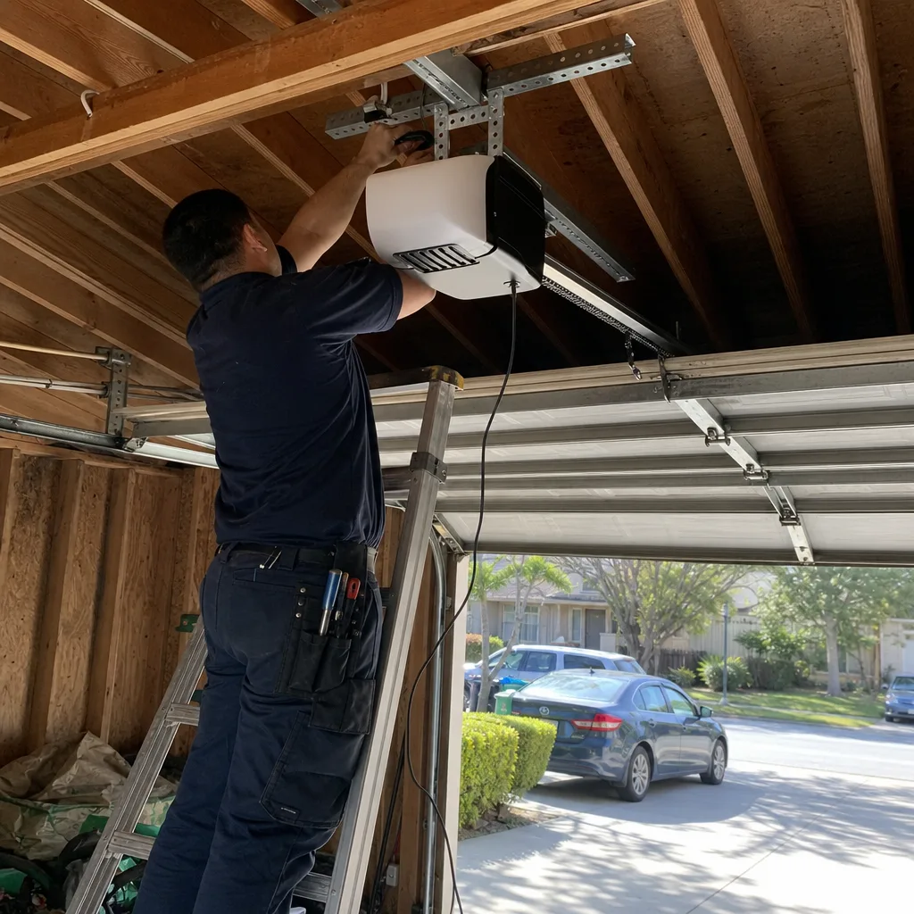 Professional technician repairing a garage door opener system on a ladder