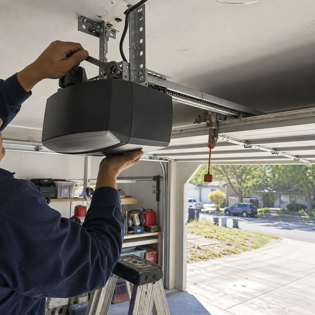 Technician performing professional garage door opener repair and installation