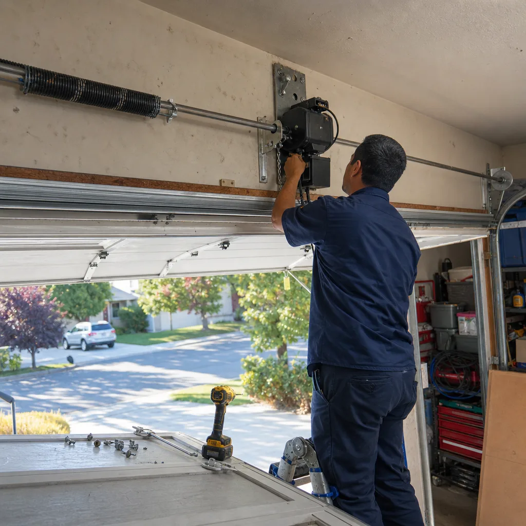 Technician performing professional garage door opener installation and repair