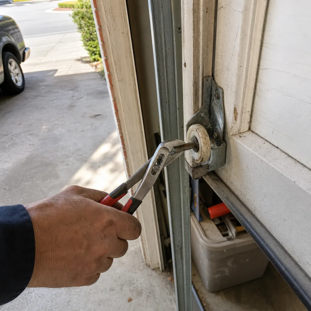 Technician performing professional garage door roller repair and maintenance