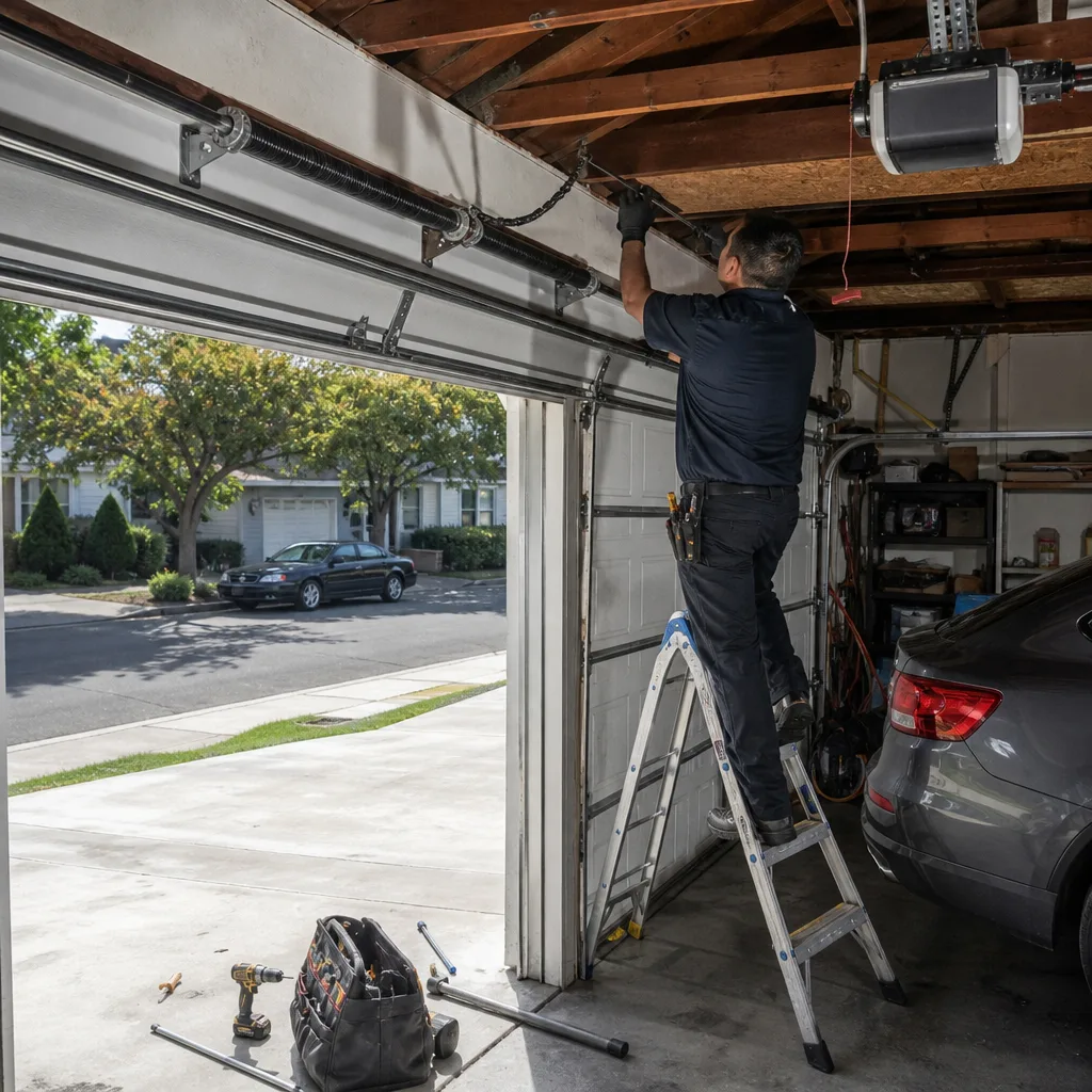 Technician performing professional garage door spring repair